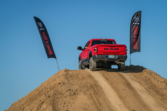 Loveland, CO, USA - August 27, 2022: RAM Power Wagon truck on a training drive off-road course.