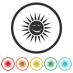 Smiling sun icon. Set icons in color circle buttons