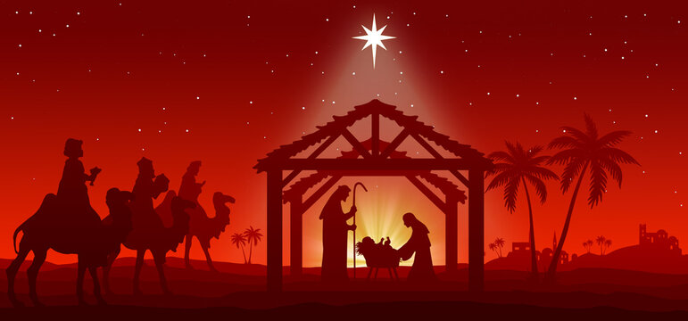 Red Christmas Nativity scene background