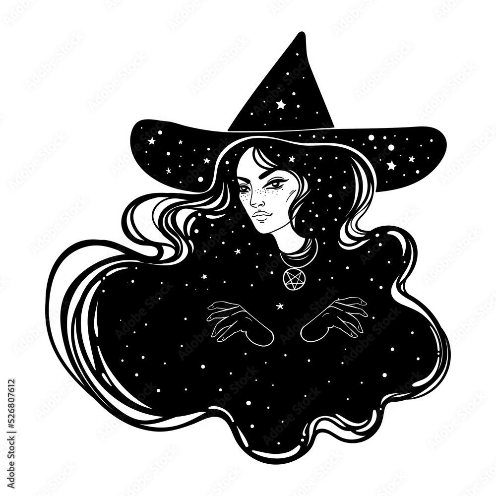 Wall mural young beautiful witch. mystic character. alchemy, spirituality, occultism, tattoo art. isolated blac