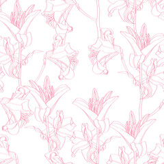 Cotton fabric Beautiful outline Floral pattern lily flowers. Seamless texture. For fashion prints. Printing with in hand drawn pink line on white background.