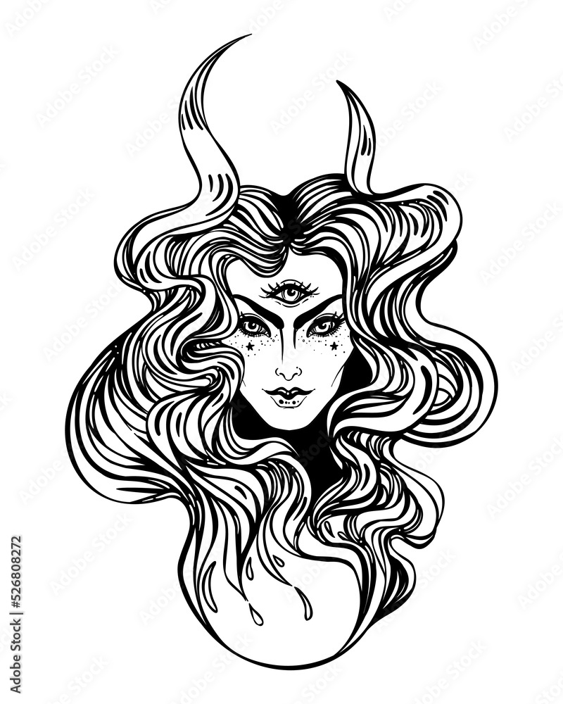 Wall mural young beautiful witch. mystic character. alchemy, spirituality, occultism, tattoo art. isolated blac