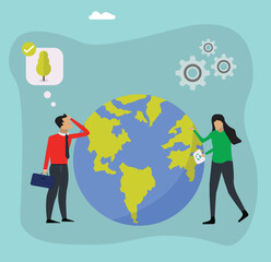 Business people planting the earth vector flat illustration, saving the planet, World Environment Day, Bio technology, People implement the green idea