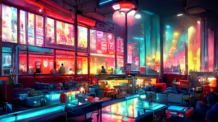 Fantasy restaurant night city landscape, neon light, futuristic urban colorful digital illustration