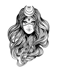 Young beautiful witch. Mystic character. Alchemy, spirituality, occultism, tattoo art. Isolated black and white vector illustration. Halloween concept. Wiccan woman.