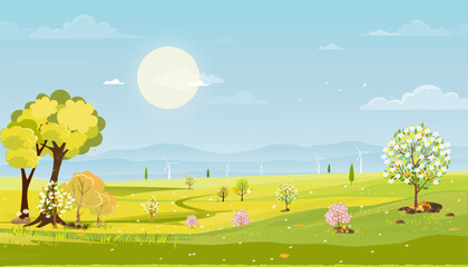 Panorama view of spring village with green meadow on hills with blue sky, Vector cartoon Spring or Summer landscape, Panoramic countryside landscape mountains with wild flowers fields