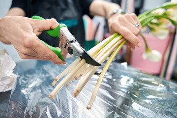 Florist trims flower stems while working in a flower boutique