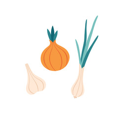 Onion, green onion and garlic, vegetables. Summer and autumn harvest, farming. Healthy and organic food. Vector illustration in flat style