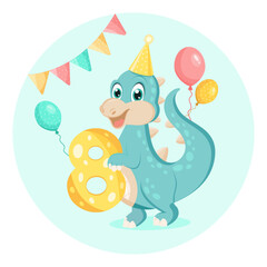 Cute baby dinosaur. Birthday invitation. eight years, eight months. Happy birthday greeting card.	