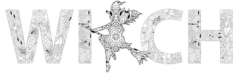 Fototapeta na wymiar Word WITCH with silhouette of a witch. Vector decorative zentangle object for coloring