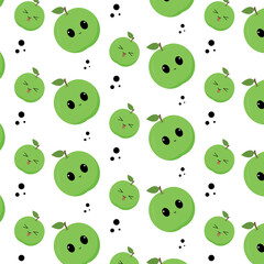 Pattern with green apples with kawaii eyes. Flat design vector illustration of green apple on white background