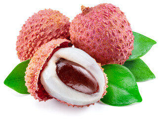 Whole and opened lychee fruit isolated on white background.