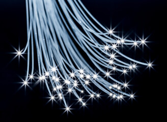 Bundle of optical fibers with lights in the ends. Black background.