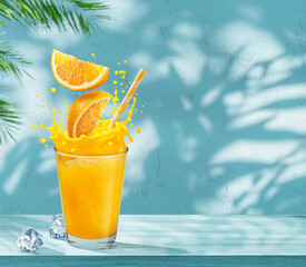 Glass of orange juice with orange splash on the table and stucco pattern wall with leaf shadows at...
