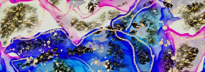 Gem studded metals on Alcohol ink fluid abstract texture fluid art with gold glitter and liquid.