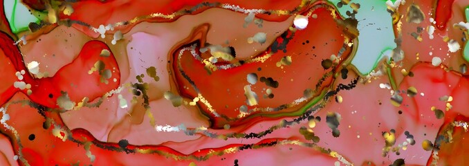 Metal flakes on Alcohol ink fluid abstract texture fluid art with gold glitter and liquid.