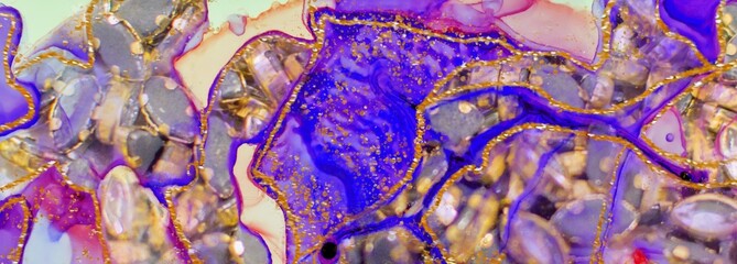 Gems with gold studded metal on Alcohol ink fluid abstract texture fluid art with gold glitter and liquid.