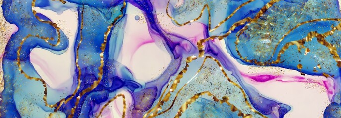 Golden border lines on Alcohol ink fluid abstract texture fluid art with gold glitter and liquid.