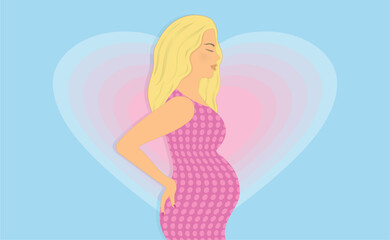 Lovely pregnant woman with hearts in background. Vector illustration.
