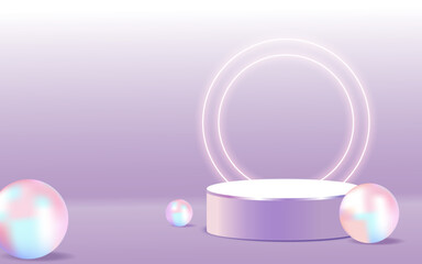 Obraz premium 3d render, abstract pastel neon background, blank cylinder podium, empty showcase, round stage, vacant pedestal, product display, blank board, expo platform. Copy space. Minimal design