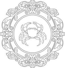 crab fish logo with floral frame
