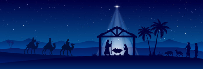 Blue Christmas Nativity scene banner background. Vector illustration. - obrazy, fototapety, plakaty