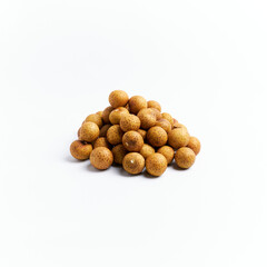 Pile of fresh longan fruit on a white background
