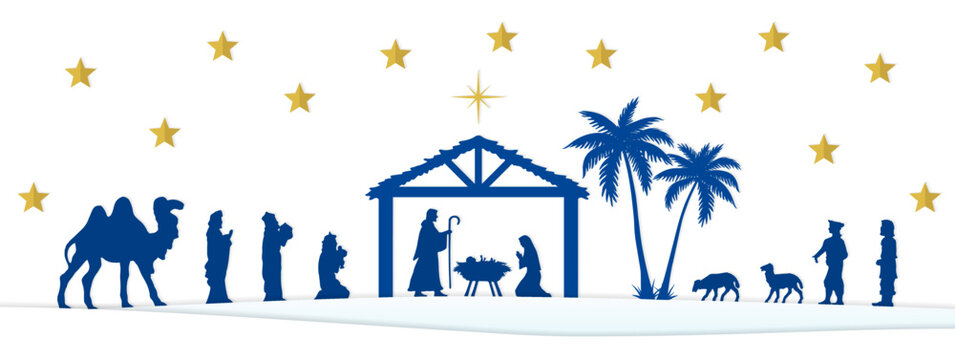 Christmas Nativity scene greeting card background. Elements all separate and editable. Vector EPS10.