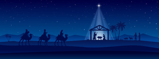 Blue Christmas Nativity scene banner background. Vector illustration.