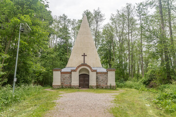The tomb of the barons von Fahrenheid known as Rapa Pyramid in Poland at cloudy day.