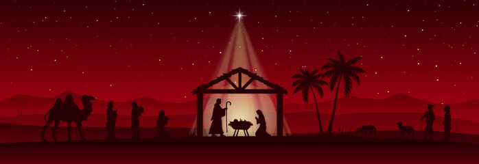 Red Christmas Nativity scene banner background. Vector illustration. - obrazy, fototapety, plakaty