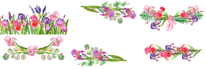 Delicate watercolor flower. Purple iris. Women's Day. Mom s day. beautiful plants, floral design, botanical illustration. For greeting card, wedding invitation, interior