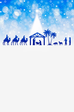 Cristmas Nativity Scene poster background. Christmas illustration usable for greetings , with copy space for text.