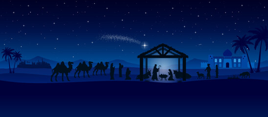 Blue Christmas Nativity scene in the desert greeting card background. Vector EPS10.