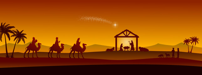 Christmas Nativity scene in the desert greeting card background. Vector EPS10.