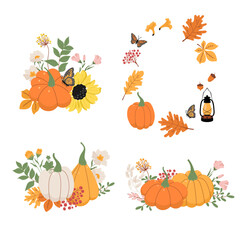 Pumpkin and fall leaves set