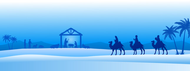 Naklejka na ściany i meble Christmas Nativity in the desert. Greeting card background. EPS10 Vector. 