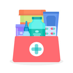 Pharmacy delivery. Medical care. Medicines in a box. Hospital medication kit. Medicine. Pharmacy.