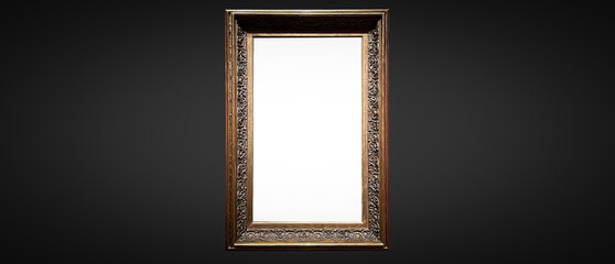 Antique art fair gallery frame on royal black wall at auction house or museum exhibition, blank...