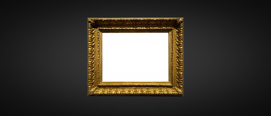 Antique art fair gallery frame on royal black wall at auction house or museum exhibition, blank template with empty white copyspace for mockup design, artwork concept
