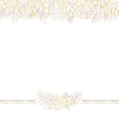 Line art. Roses, buds, leaves, sprigs of gold and pastel colors. Great for invitations, backgrounds, banners