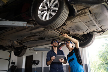 Manager Checks Data on a Notebook and Explains the Breakdown to a Mechanic. Car Service Employees Inspect the Bottom and Skid Plates of the Car. Modern Workshop. Auto Service
