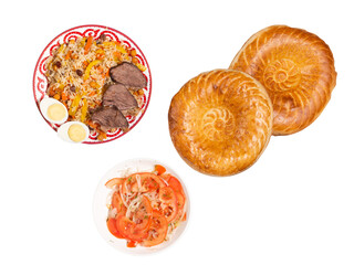 isolated plov set for your menu; plov, tomato and white onion pilaf salad with tandoor tortilla