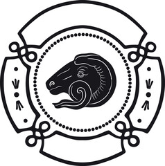 sheep head logo with floral frame vector design