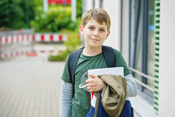 Happy preteen kid boy with backpack or satchel. Schoolkid in on the way to elementary or middle school on warm sunny summer day. Healthy child outdoors on the street in the city .