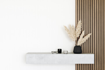 Console concrete table with decor and dried flowers. Hallway in the apartment. Wooden slats on the wall. 3d render