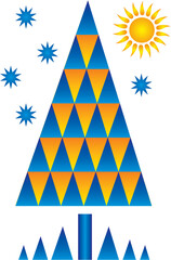 Triangular symbolic tree of triangles. Tree of life. Sun and star. Colors of the ukrainian flag. Vector graphics.