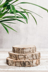 Blank round wooden podium with green leaves at the background. Display for product and cosmetic...