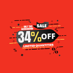 34% percent off(offer), limited quantities, red and yellow 3D super discount sticker, sale.(Black Friday) vector illustration, Thirty four 
