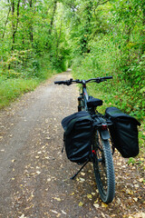 Fototapeta na wymiar Un vélo, mode de transport écologique et durable pour pratiquer un tourisme alternatif, au milieu d'une voie verte